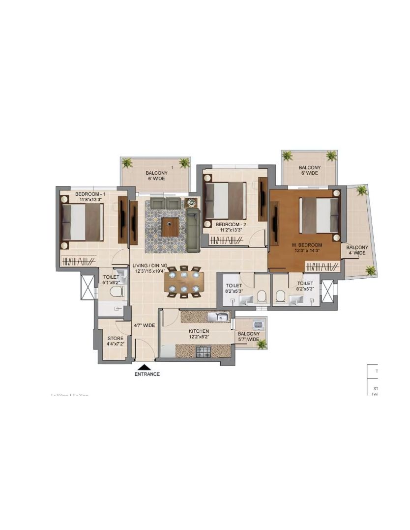 3BHK + 3T + Utility + Store (With Extra Balcony)