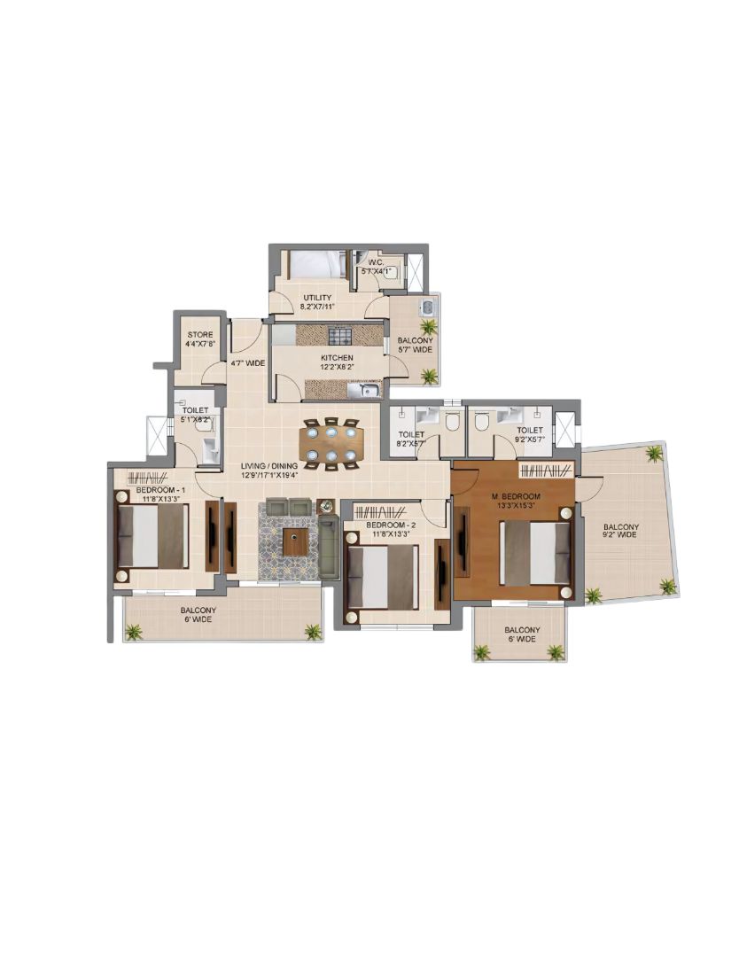 3BHK + 3T + Utility + Store (With Extra Balcony)
