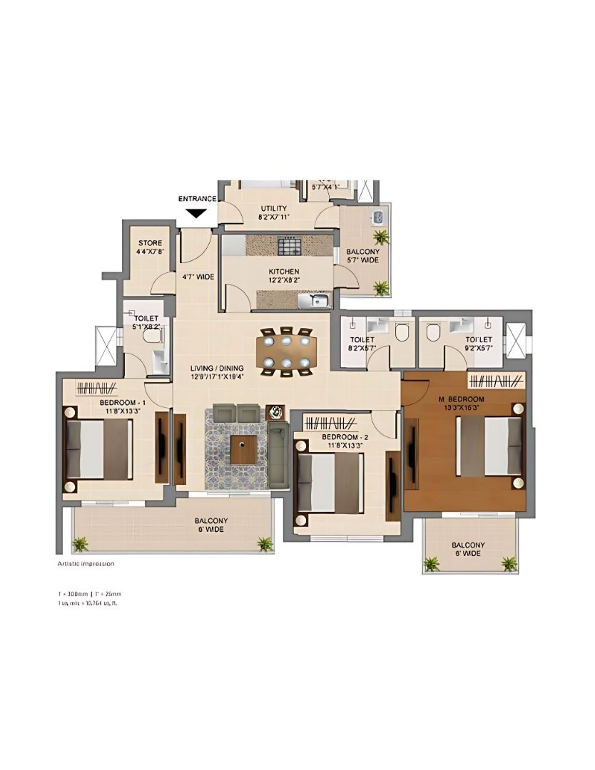3BHK + 3T + Utility + Store