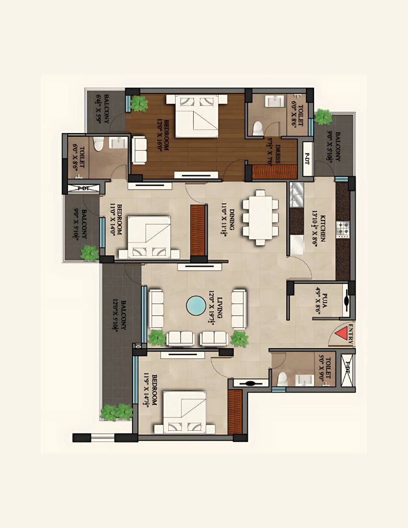 3 BHK + Puja Room